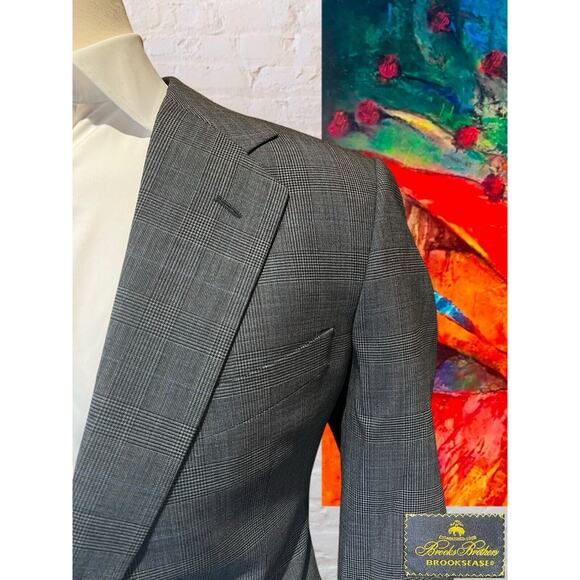 Brooks Brothers Brooksease 43R 38x28+ Gray Blue Plaid 2 Piece Suit Jacket Pants - Picture 3 of 16